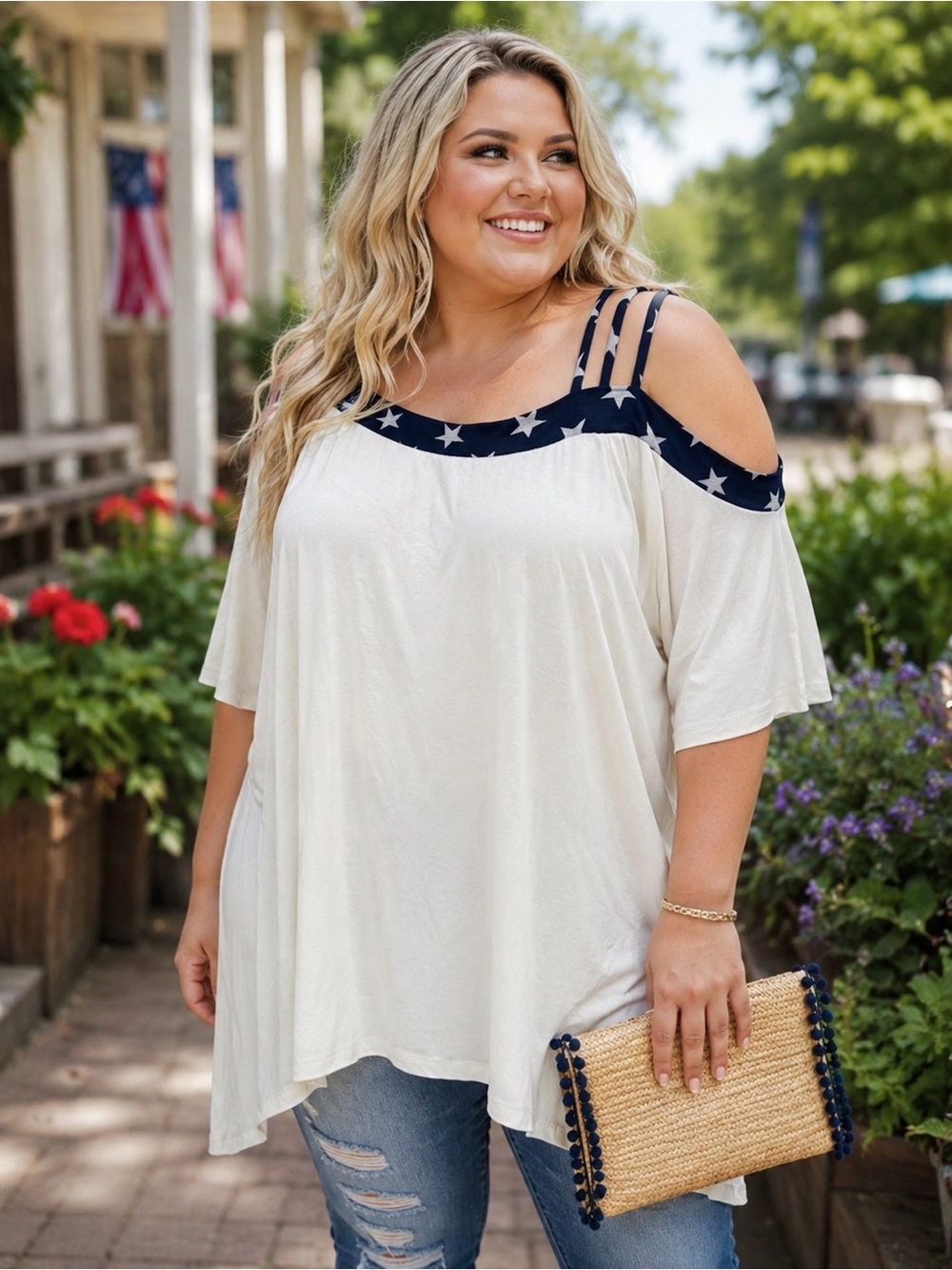 Heimish USA Patriotic Cold Shoulder Tunic Top XL NWOT
